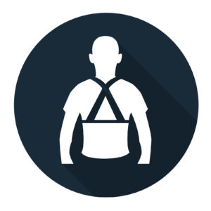 Individual wearing a back support brace for posture correction and pain relief, standing in a neutral indoor setting.