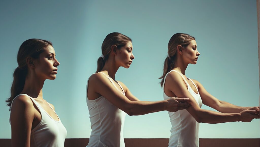 Individual preparing to perform scalene stretches, with focus on correct posture and technique.