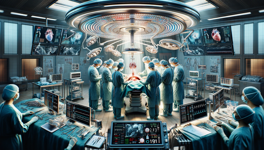 Medical illustration of a surgical intervention for a severe health condition, showcasing the operating room setup.