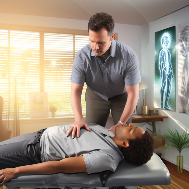 Chiropractor demonstrating the process of a chiropractic spinal adjustment on a patient.