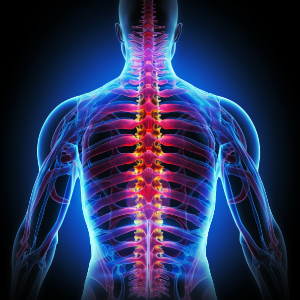 Anatomical illustration of a spine with a bulging disc, highlighting affected areas and symptoms
