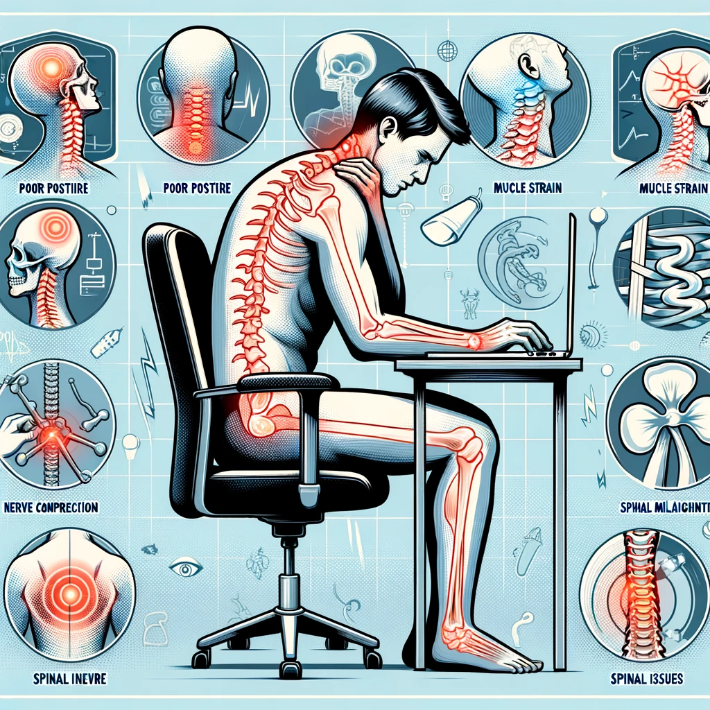 Man holding her neck in pain while sitting at a computer